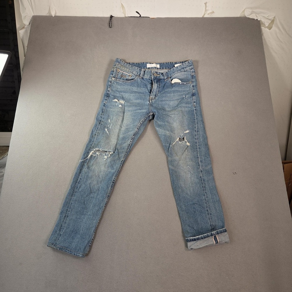 Selvedge Jeans Mens Slim Straight Thrashed Light Wash‎ Plac Fits 30x27